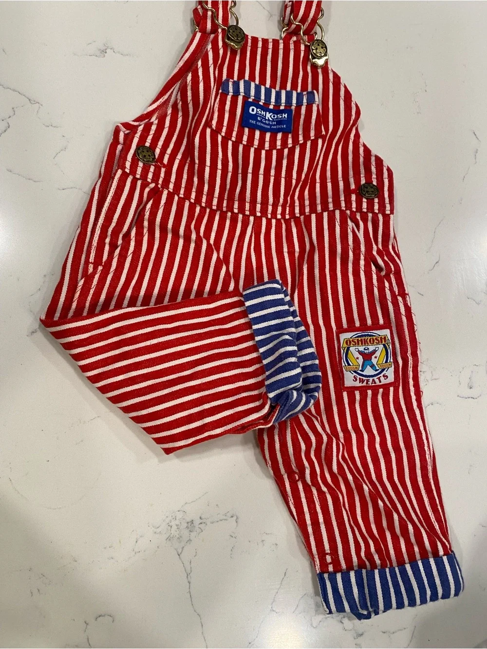 Vintage OshKosh B'gosh red, white striped 100% cotton overalls made in USA 12mo